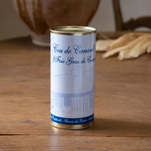 Boîte cylindrique de cou de canard farci au foie gras, étiquette bleue