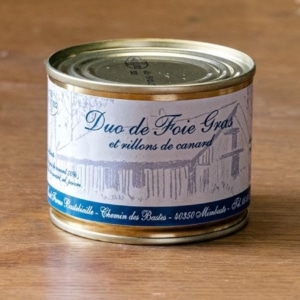 Boîte de duo de foie gras et rillons de canard, étiquette blanche et bandeau bleu