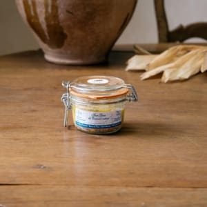 Petit bocal à fermeture mécanique de foie gras de canard entier, étiquette 110 g