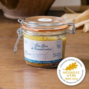 Bocal de foie gras de canard entier de 300 g, bride métallique et joint orange, médaille d’or Concours Général Agricole Paris 2026