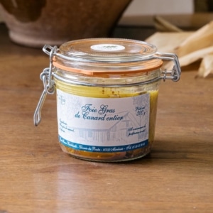 Bocal de foie gras de canard entier de 300 g, bride métallique et joint orange