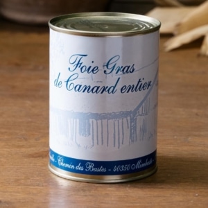 Haute boîte ronde de foie gras de canard entier de 500 g, étiquette bleue