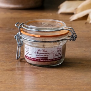 Petit bocal de foie gras de canard entier mi-cuit de 110 g, étiquette bordeaux