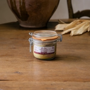 Bocal de foie gras de canard semi-conserve à étiquette bordeaux, poids de 180 g