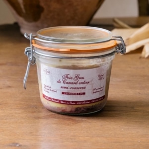 Large bocal de foie gras entier mi-cuit de 430 g, étiquette bordeaux
